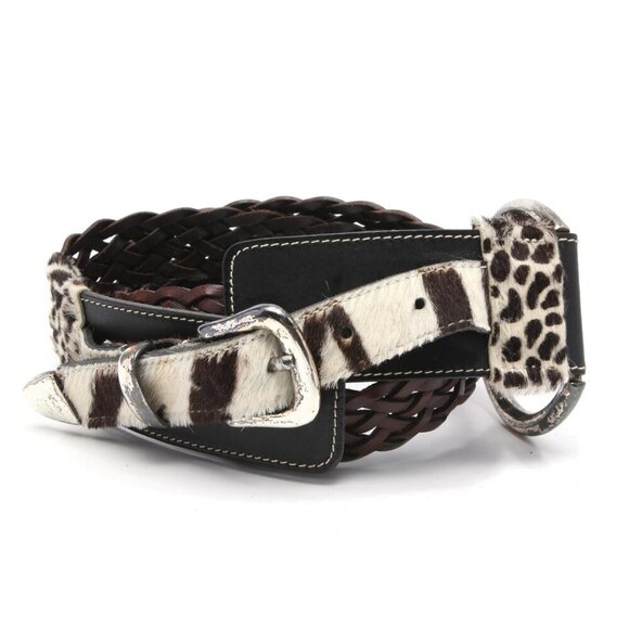 Vintage La Doppia Vita Leather Pony Hair Belt Animal Print Braided Brown White - Picture 8 of 14